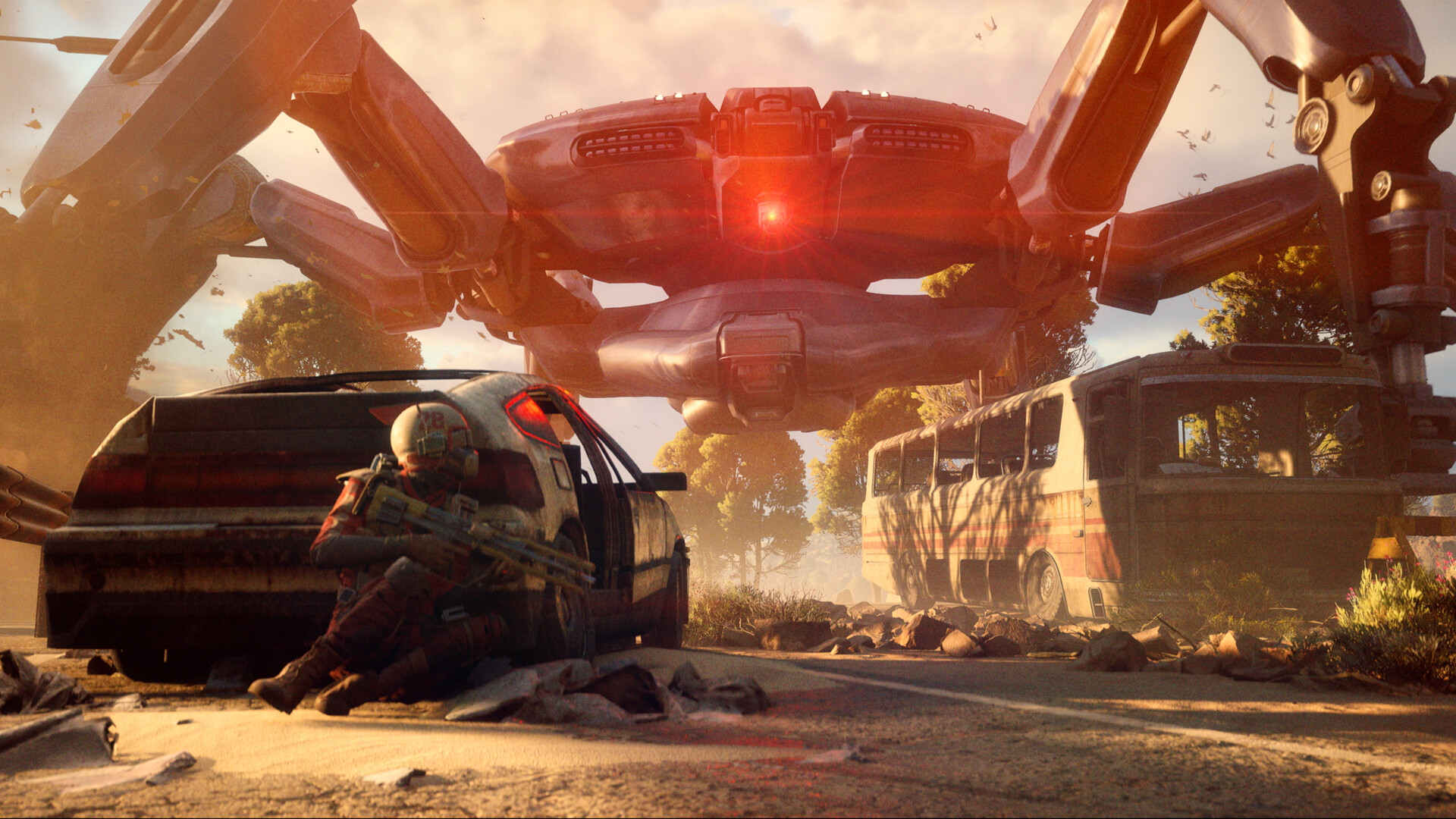 ARC Raiders player hiding behind a car from a giant ARC machine