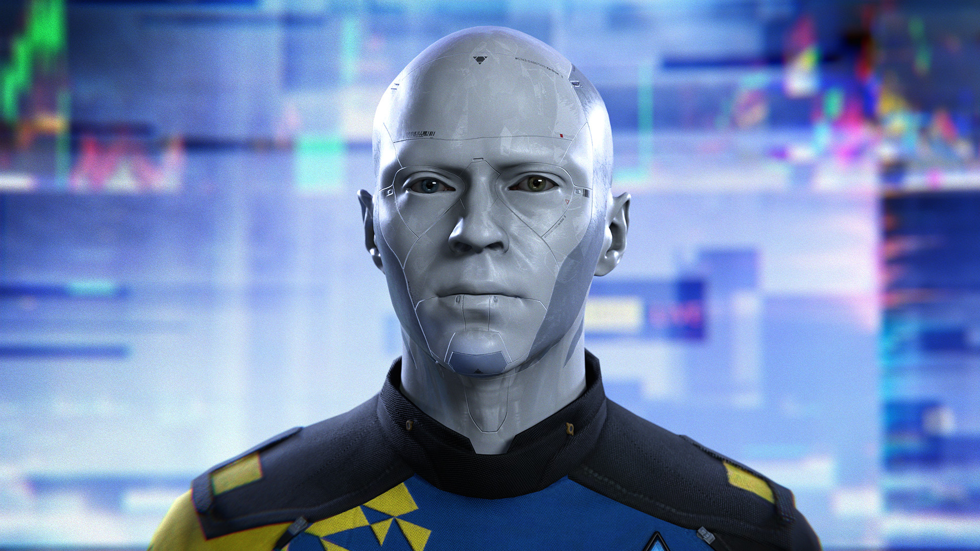 Detroit: Become Human android face with glitch effects
