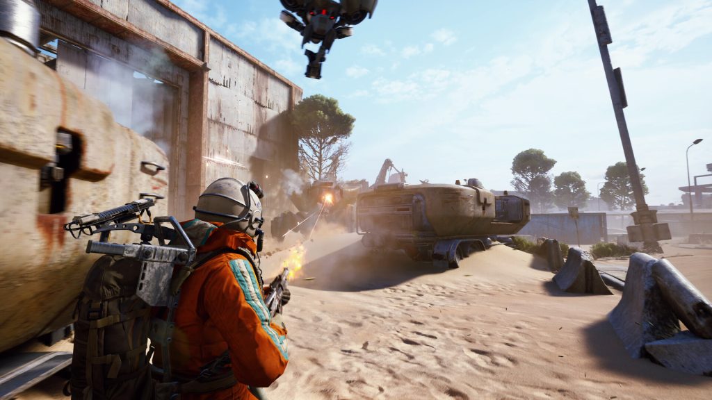 A Raider firing at a hovering ARC drone among desert ruins