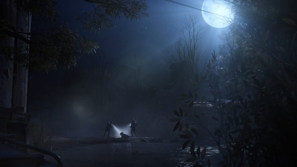 Two Raiders with torches crossing a marsh under a full moon