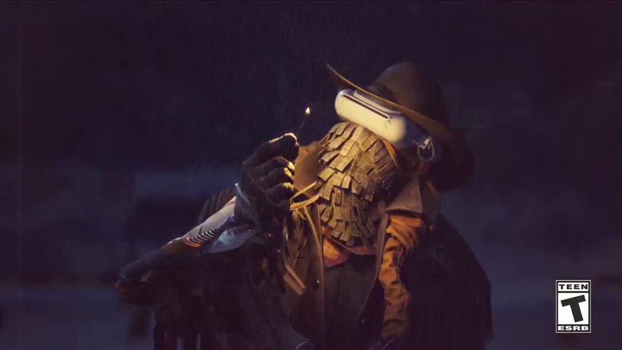 ARC Raiders character in a cowboy hat and visor lighting a match at night