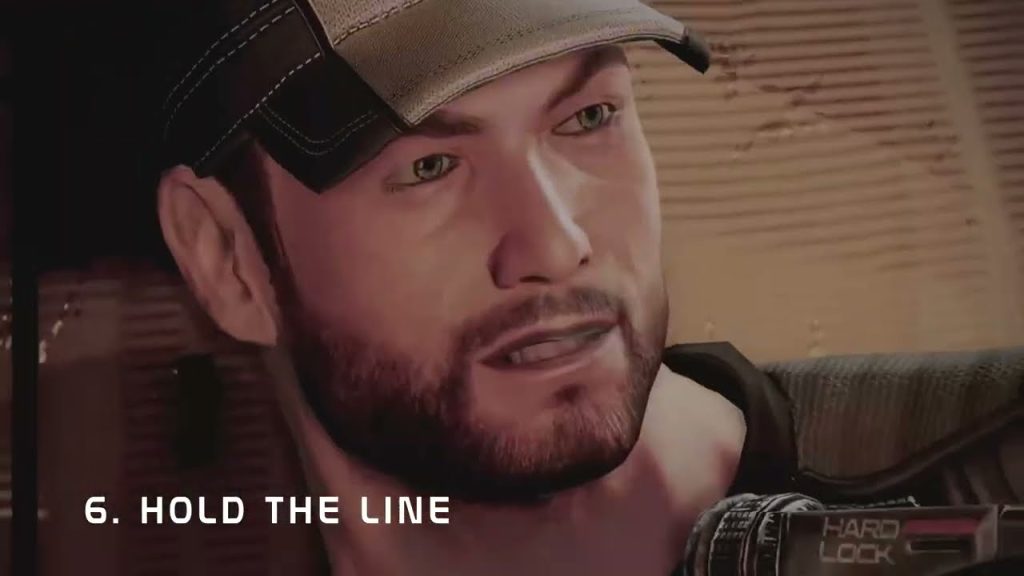 A soldier in a cap mid-sentence, with the track title Hold the Line