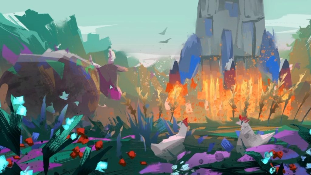 Painterly cutscene art of an alien beast and chickens in a field, with a tower in flames behind them