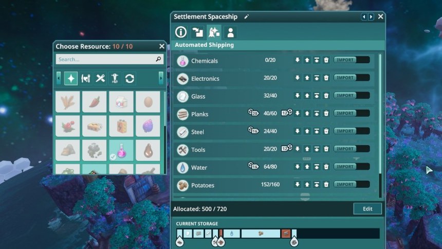 The Settlement Spaceship automated shipping panel, listing resource quotas for chemicals, electronics, glass, planks, steel, tools, water and potatoes