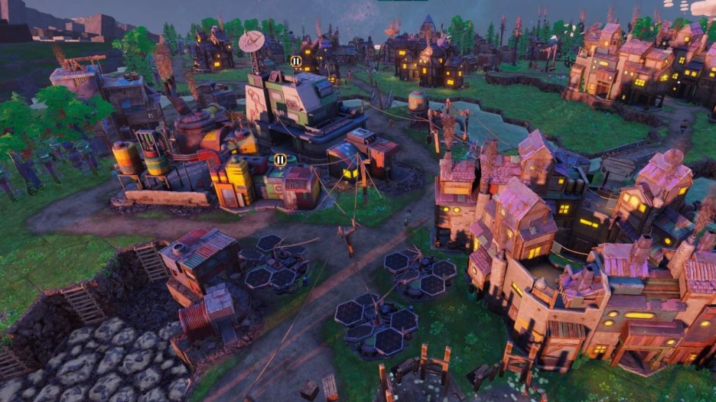 A dense, glowing town of timber houses and industry built on the back of Kewa