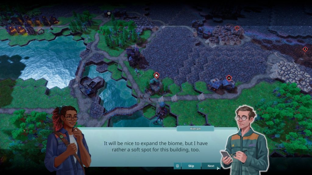 Peeps chatting in a dialogue box over a terraformed stretch of Kewa at night
