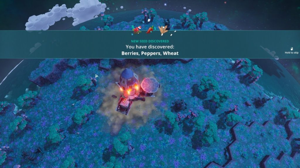 A settlement ship landing on a blue alien world with a New Seed Discovered banner for berries, peppers and wheat