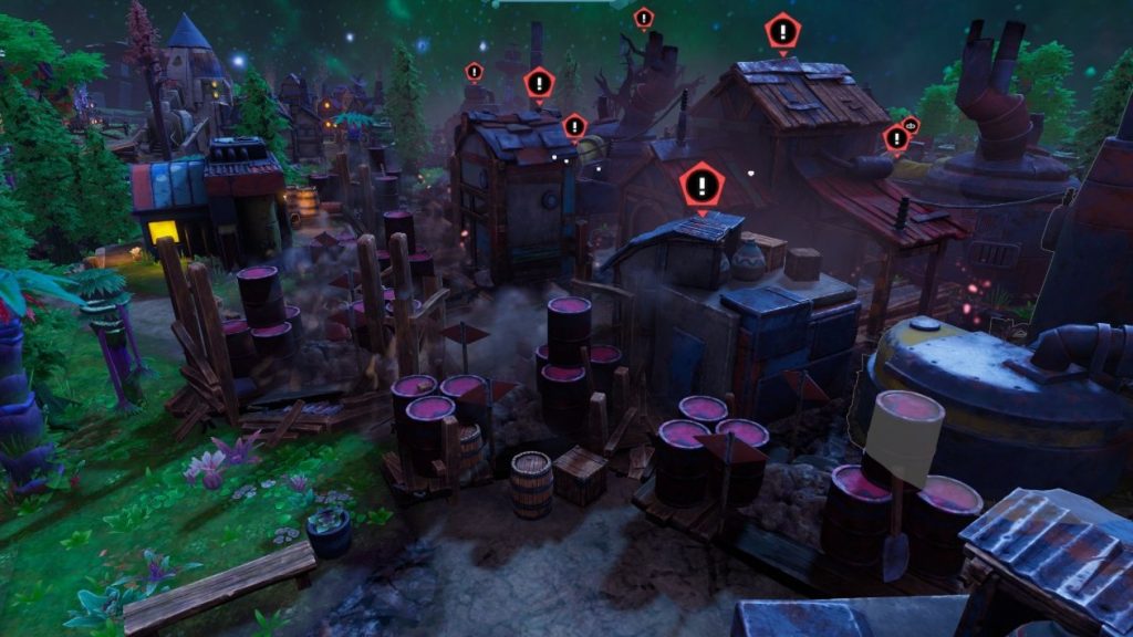 An industrial district crowded with barrels, with red warning icons above several buildings