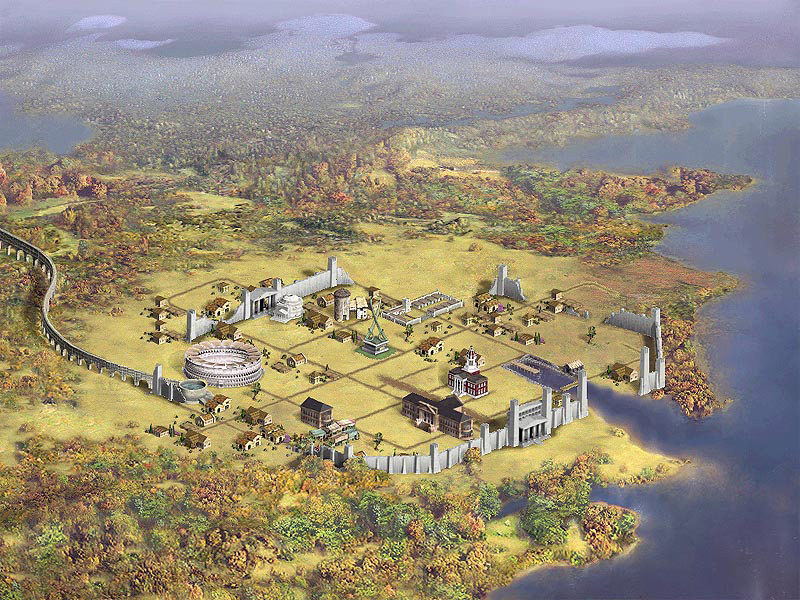 A walled city with a Colosseum in Civilization III