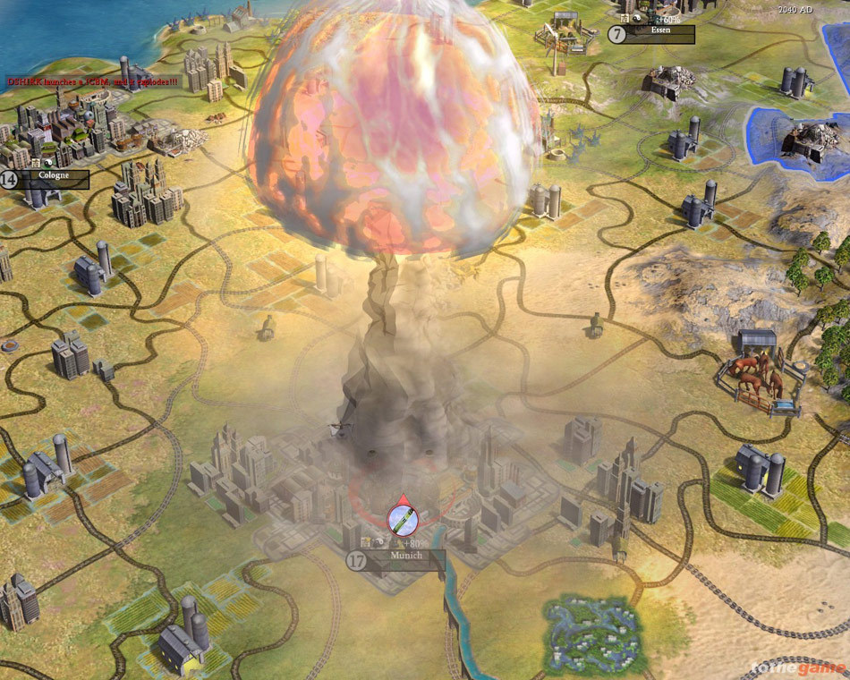 A nuclear mushroom cloud over a city in Civilization IV