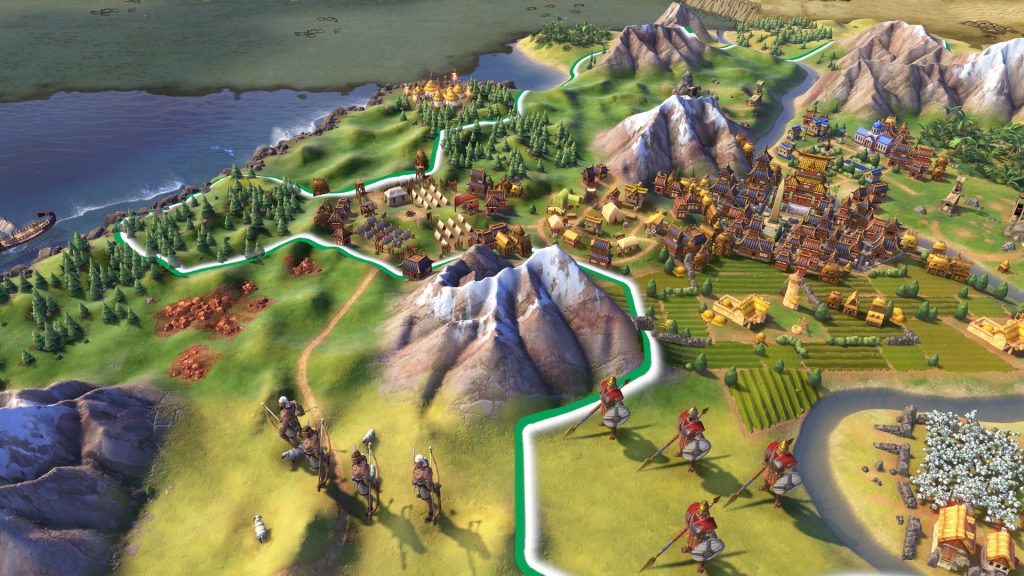 A Civilization VI empire with districts spread across the map