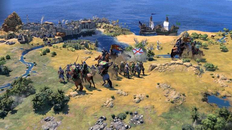 An Exploration Age battle on a coastline in Civilization VII