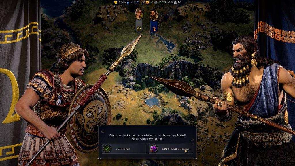 Two leaders facing off in a Civilization VII diplomacy screen