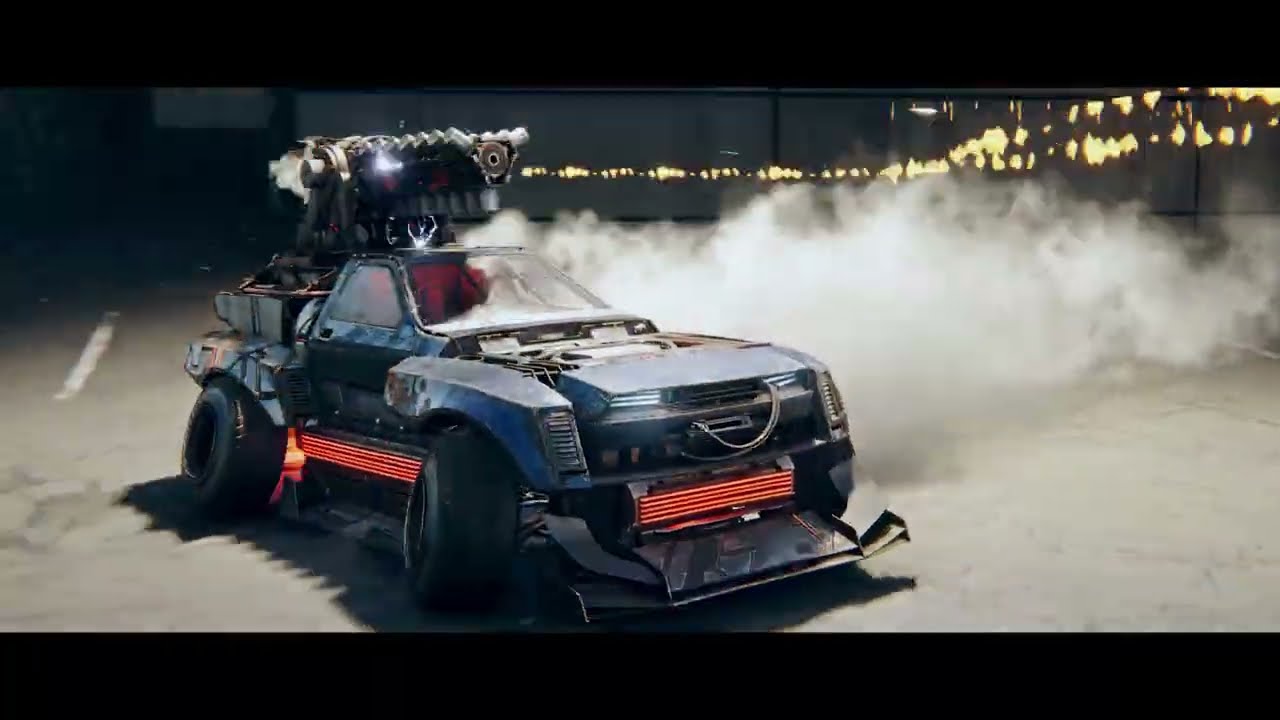 Armed Crossout car doing a burnout with heavy smoke