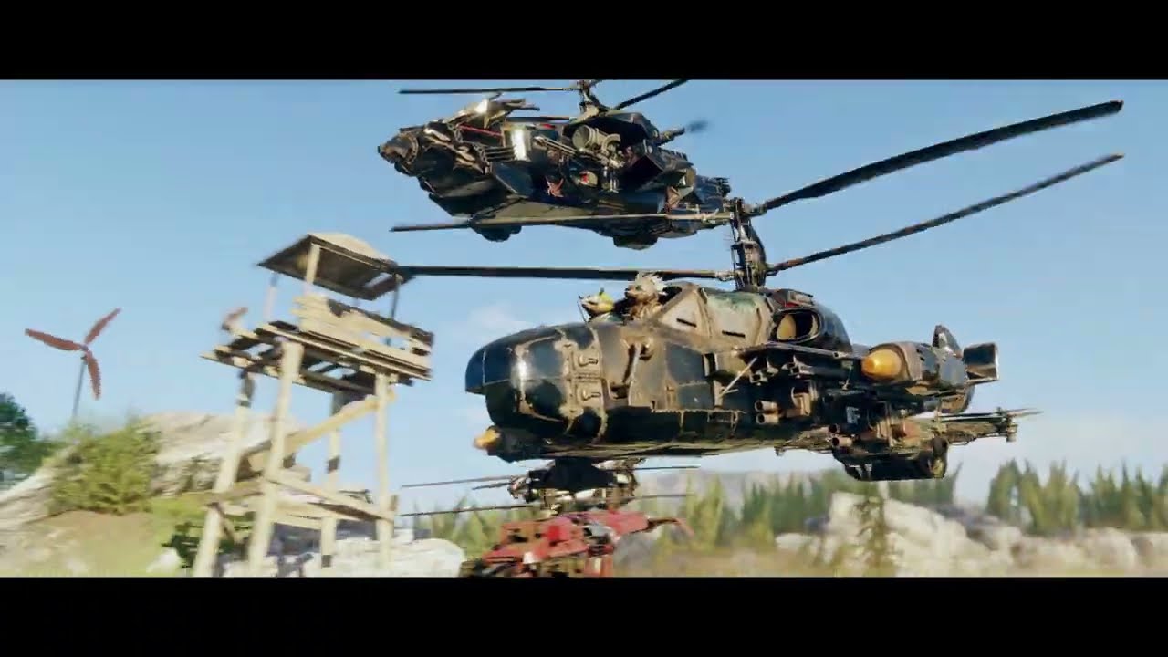 Two armed helicopters flying low in Crossout Remastered