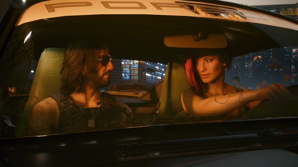 Johnny Silverhand riding in a Porsche through Night City in Cyberpunk 2077