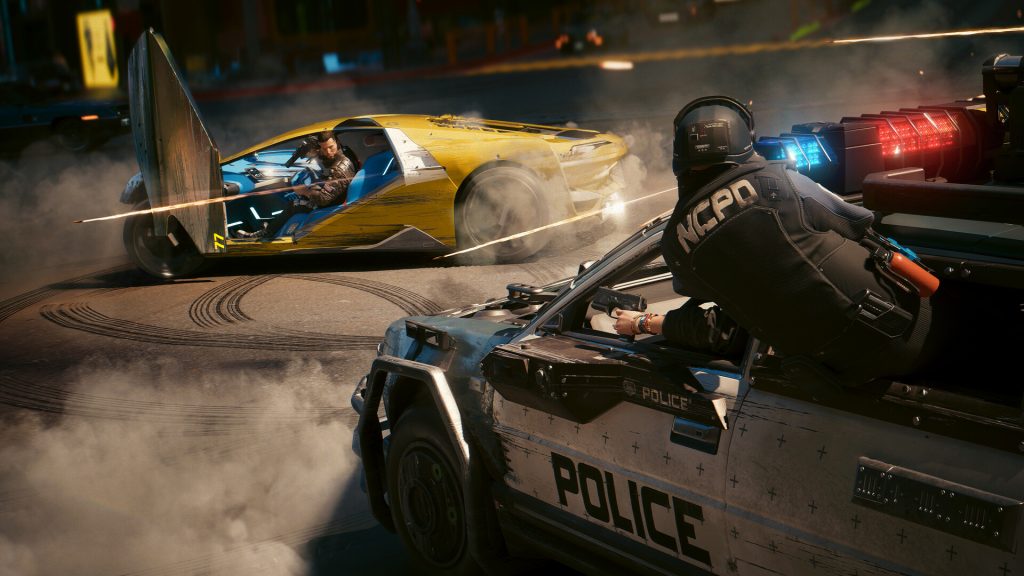 An NCPD officer shoots at V's car during a chase in Cyberpunk 2077