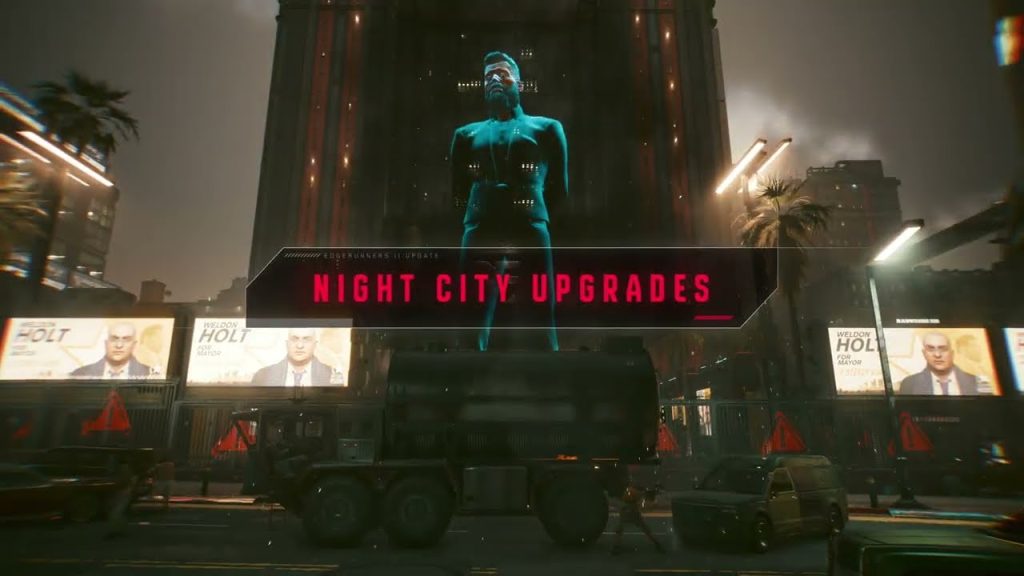 Night City Upgrades title card from the Cyberpunk 2077 Update 2.5 features overview