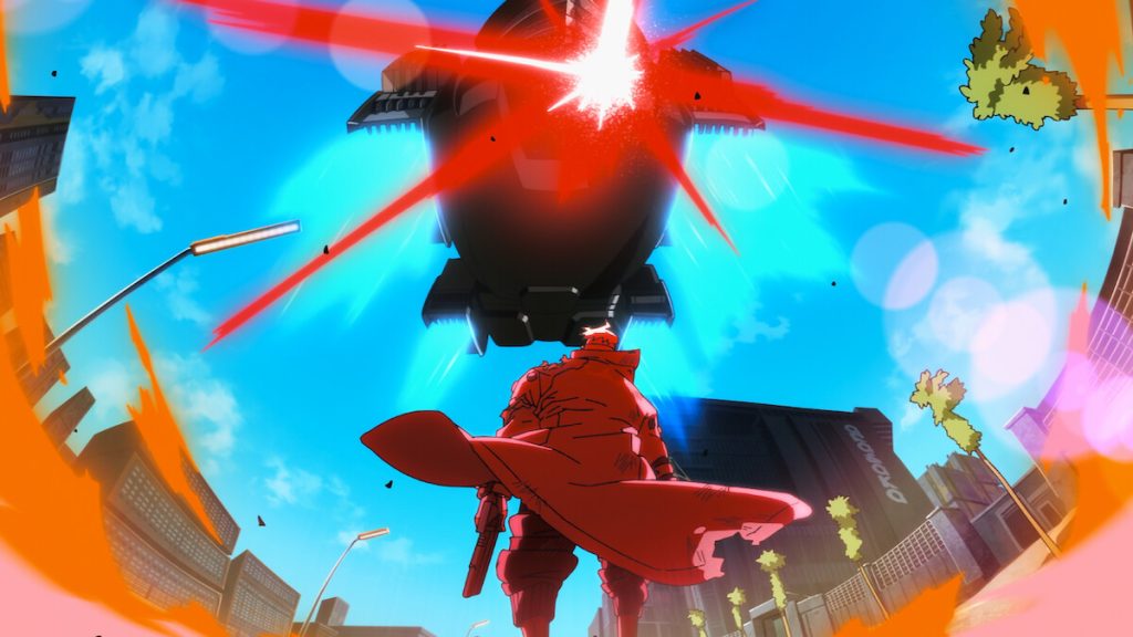 A red-coated figure faces a flying gunship firing lasers over Night City in Cyberpunk: Edgerunners 2