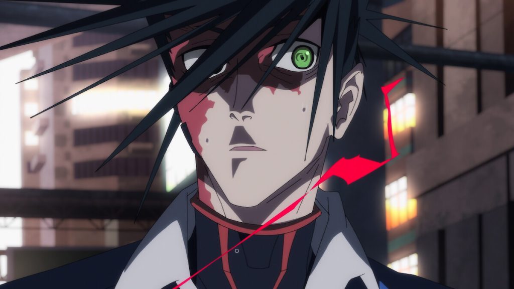 A bloodied character with a green cybernetic eye in Cyberpunk: Edgerunners 2