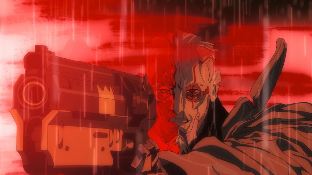 A scarred cyborg aims a huge pistol through red rain in Cyberpunk: Edgerunners 2