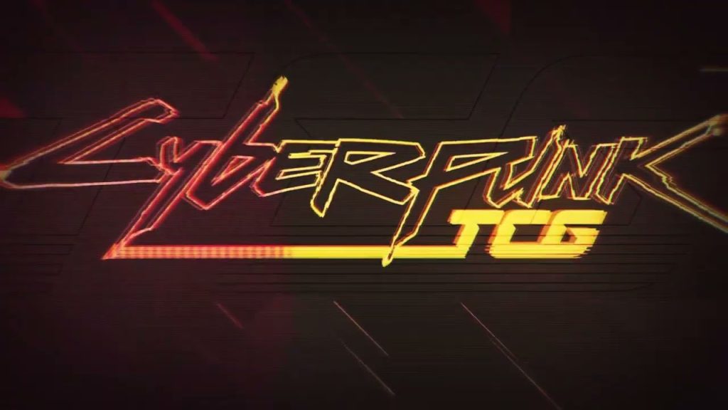 The Cyberpunk TCG logo glowing in red and yellow neon