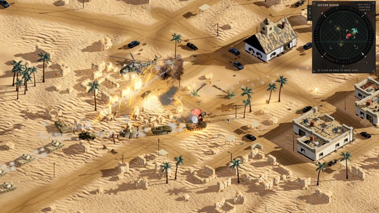 Defilade: a helicopter strafes a desert convoy