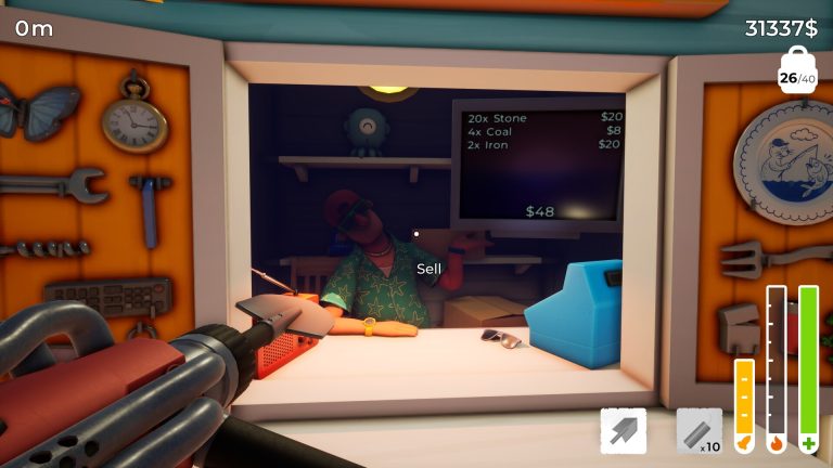 Selling stone, coal and iron at the beach shop in A Game About Digging A Hole Together