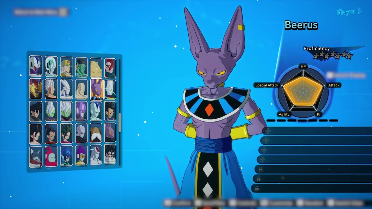 Dragon Ball Sparking Zero character select showing Beerus stats and Battle Arts slots