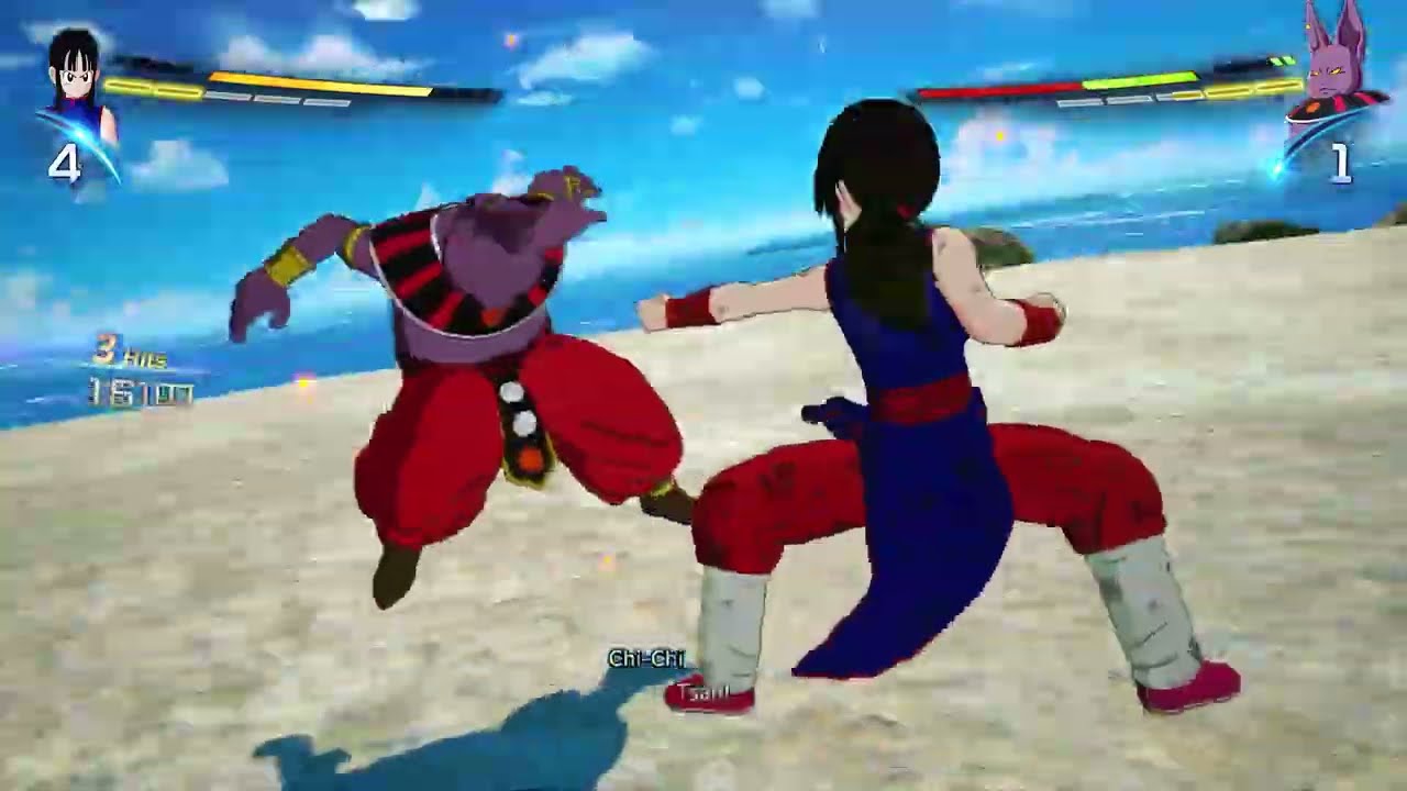Chi-Chi fighting Champa on a beach in Dragon Ball Sparking Zero