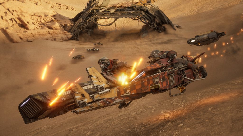 Racers trading fire on a desert track in Star Wars: Galactic Racer