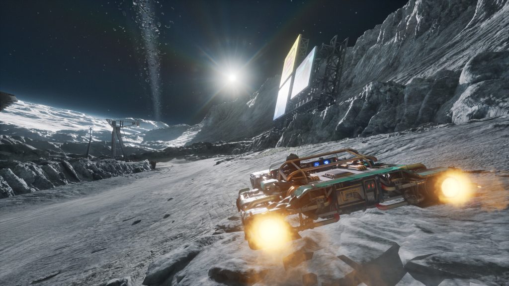 A landspeeder racing across a frozen, rocky world in Star Wars: Galactic Racer