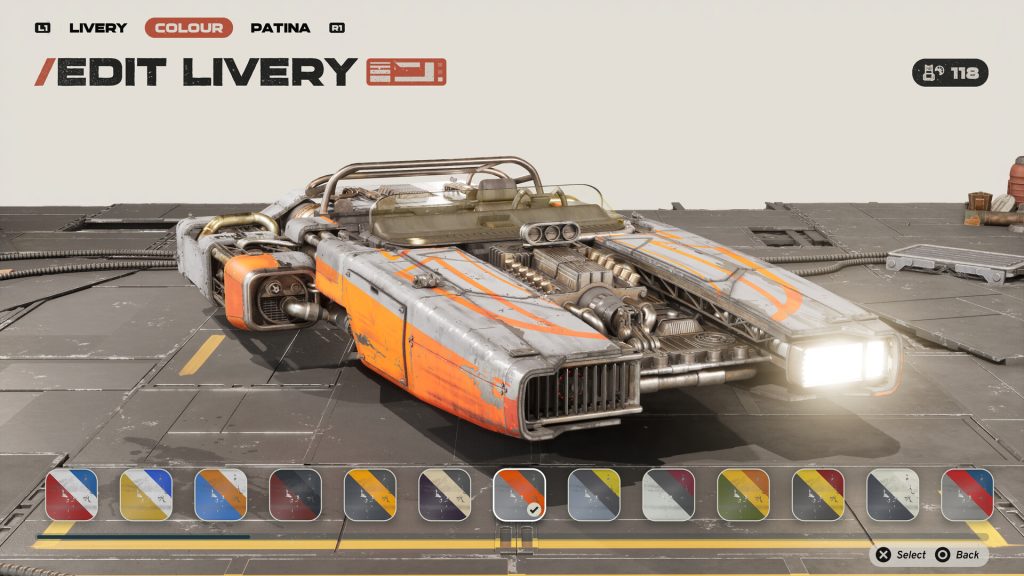 The livery editor in Star Wars: Galactic Racer, showing a silver and orange speeder