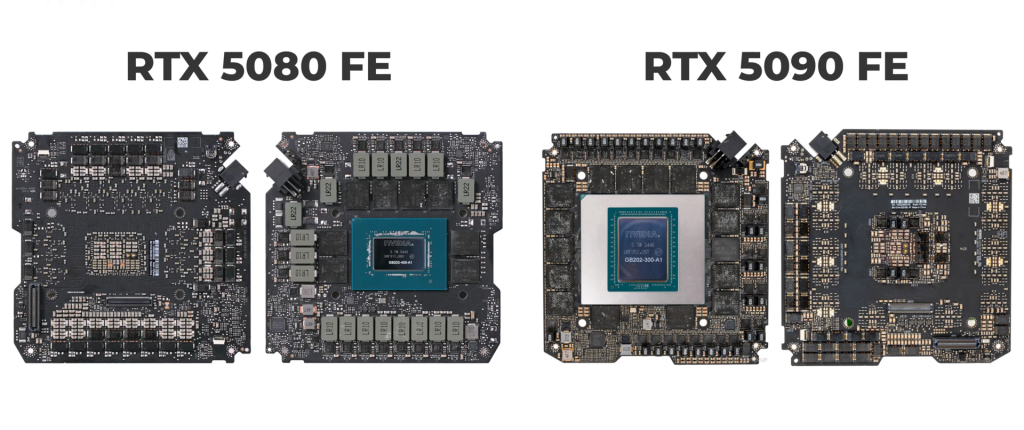 The circuit boards of the RTX 5080 and RTX 5090 Founders Edition side by side, with the GPU chip surrounded by GDDR7 memory chips