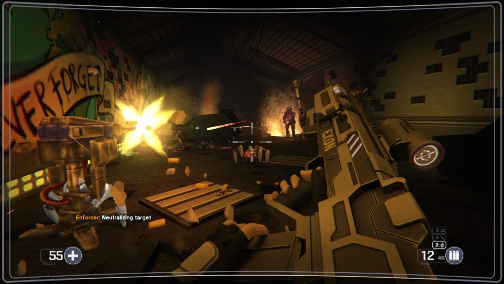 Selaco gameplay: Dawn fires a heavy gun in a burning, graffiti-covered warehouse as a robot Enforcer goes down