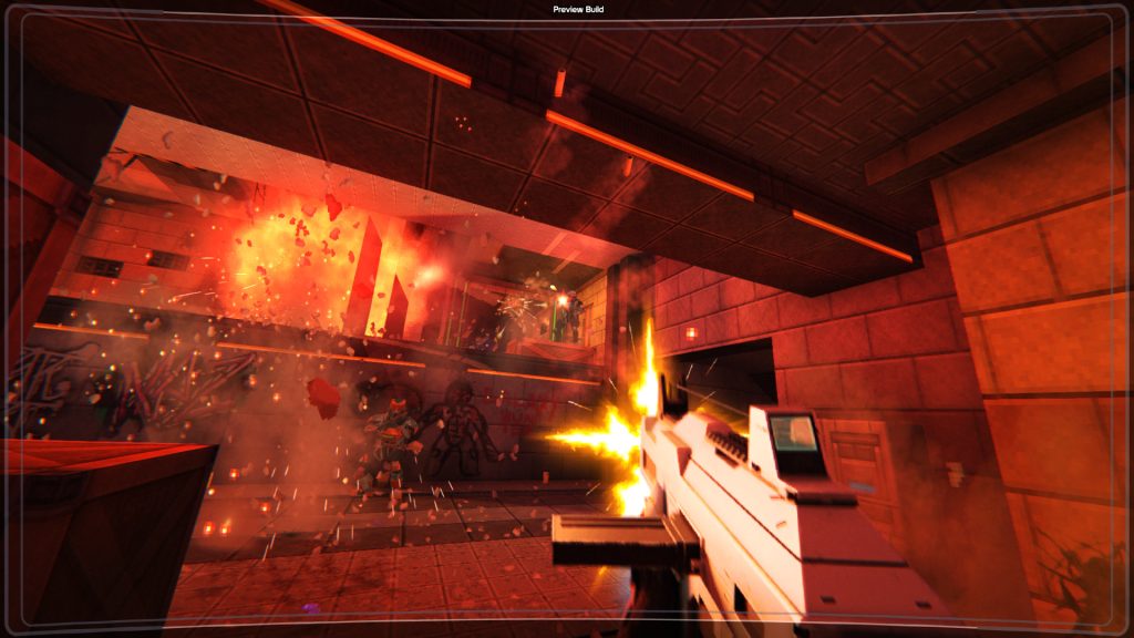 Selaco gameplay: a rifle fires down a red-lit corridor as an explosion sends debris and enemies flying