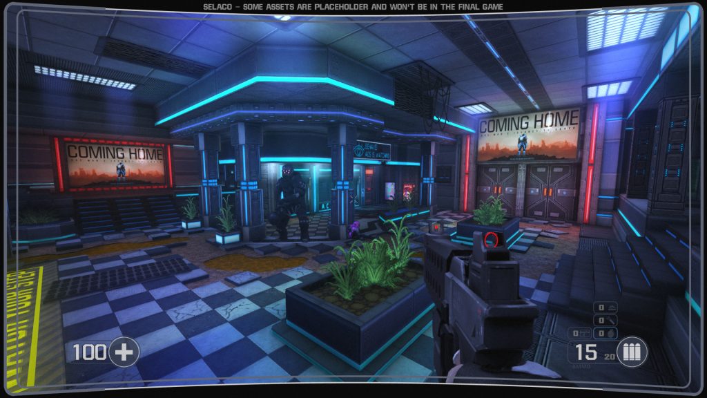Selaco gameplay: a neon-lit indoor plaza with a chequered floor, planters and a cinema poster, with an armoured soldier in the distance