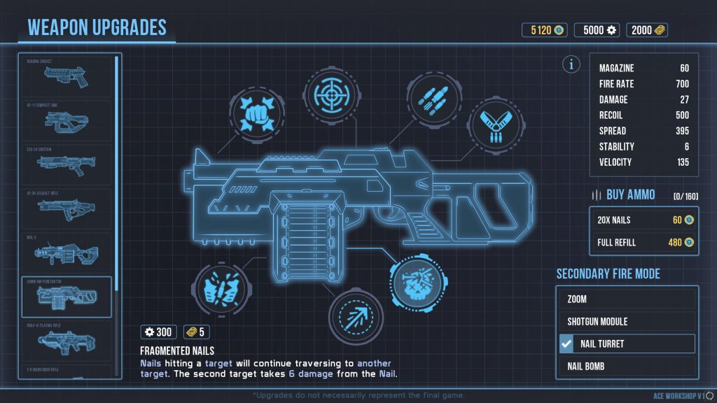 Selaco weapon upgrade screen showing a nailgun blueprint with upgrade icons and a secondary fire menu