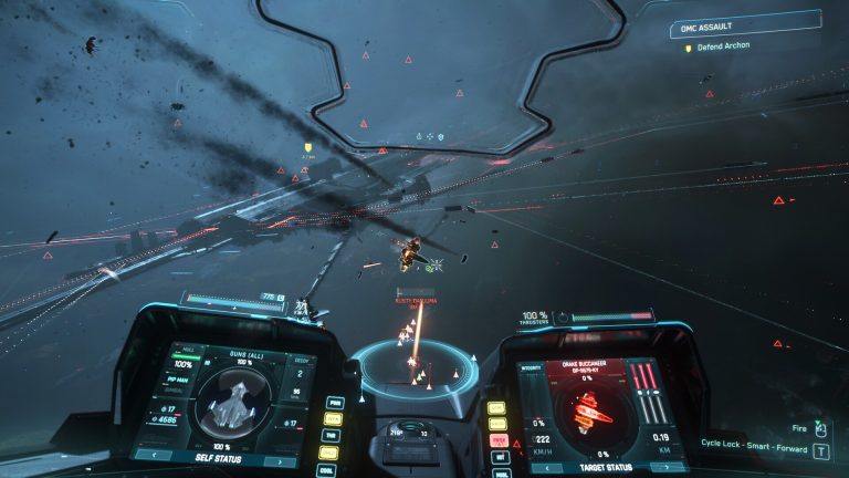 Squadron 42: cockpit view of a space battle with HUD target markers