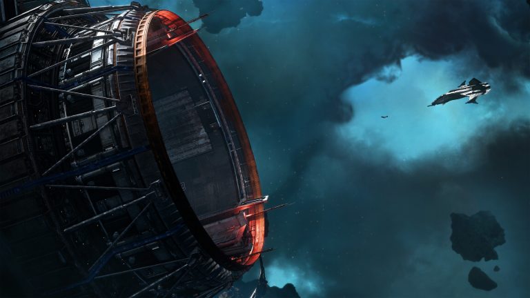 Squadron 42: a fighter flies past a ring-shaped station in a blue nebula