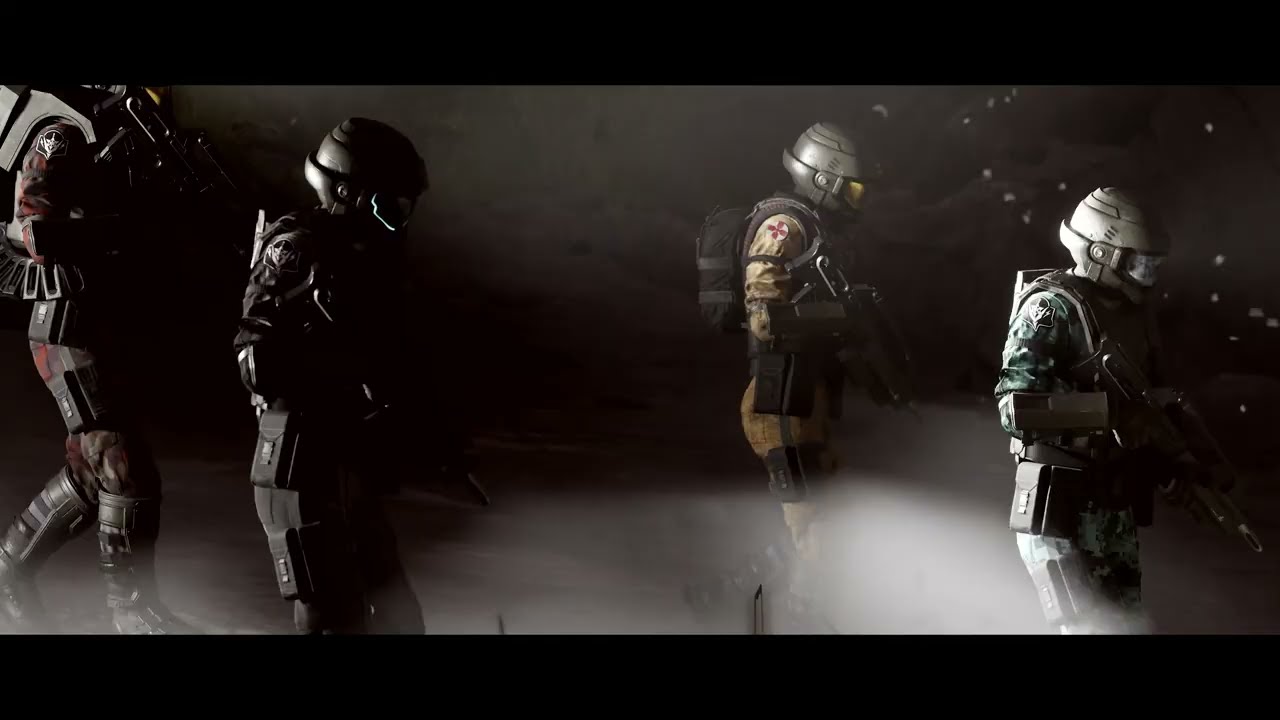 Starship Troopers squad in armour in a dim hangar