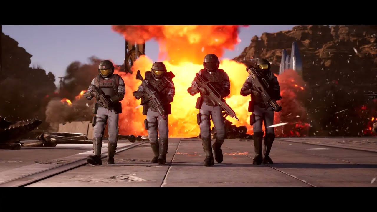 Four Starship Troopers walking away from a huge explosion