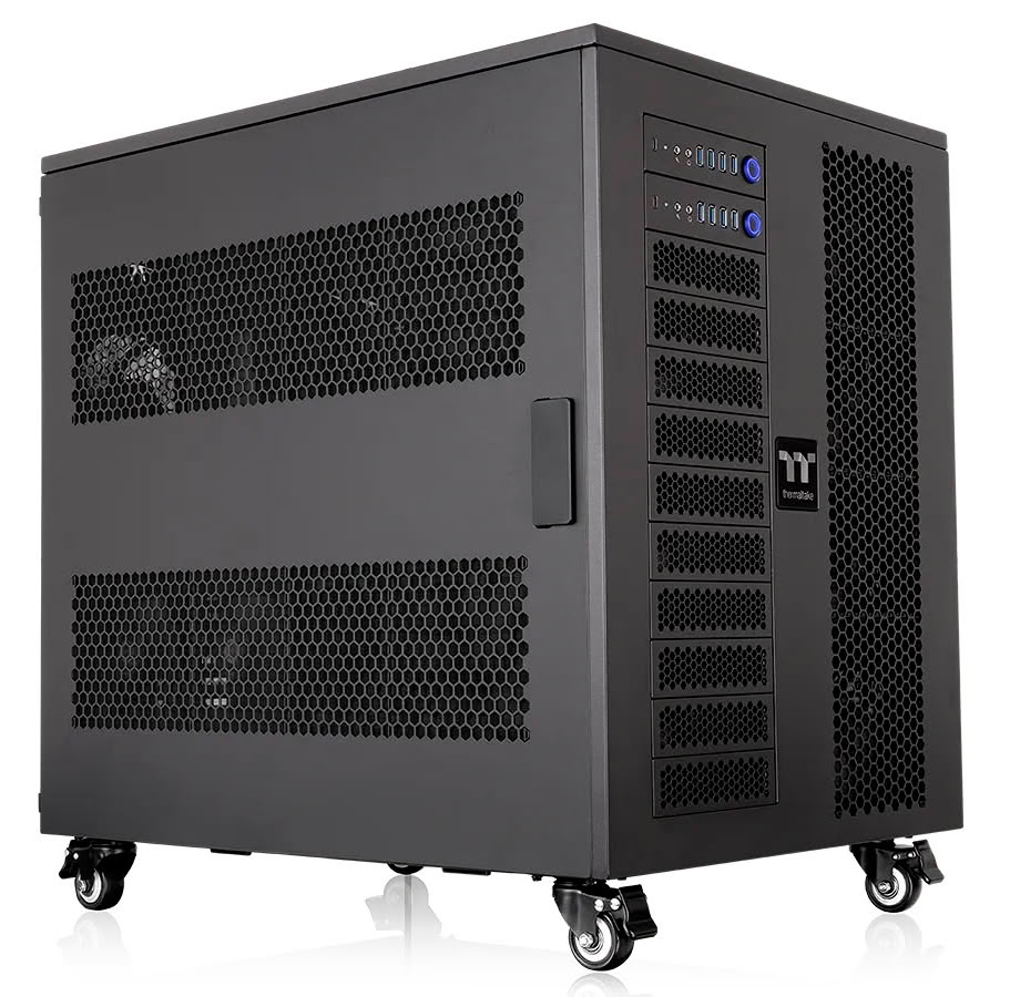 Thermaltake A1500 Dual AI Workstation chassis exterior on casters