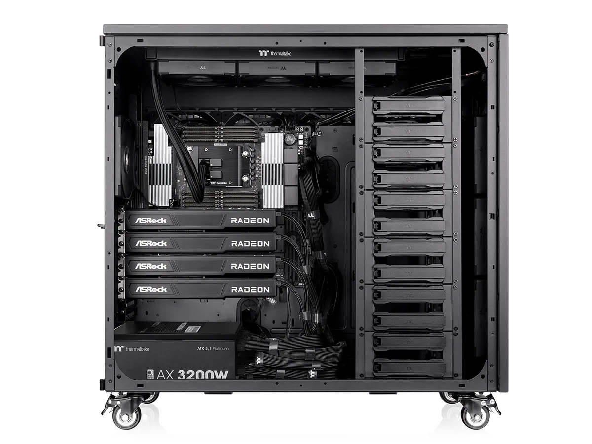 Thermaltake A750 Professional AI Workstation interior with four Radeon GPUs