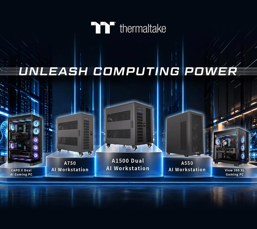 Thermaltake lineup banner showing five AI workstations and gaming PCs