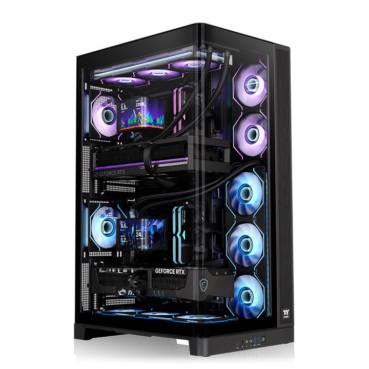 Thermaltake CAPO X with two motherboards, two AIOs and two GeForce RTX cards installed