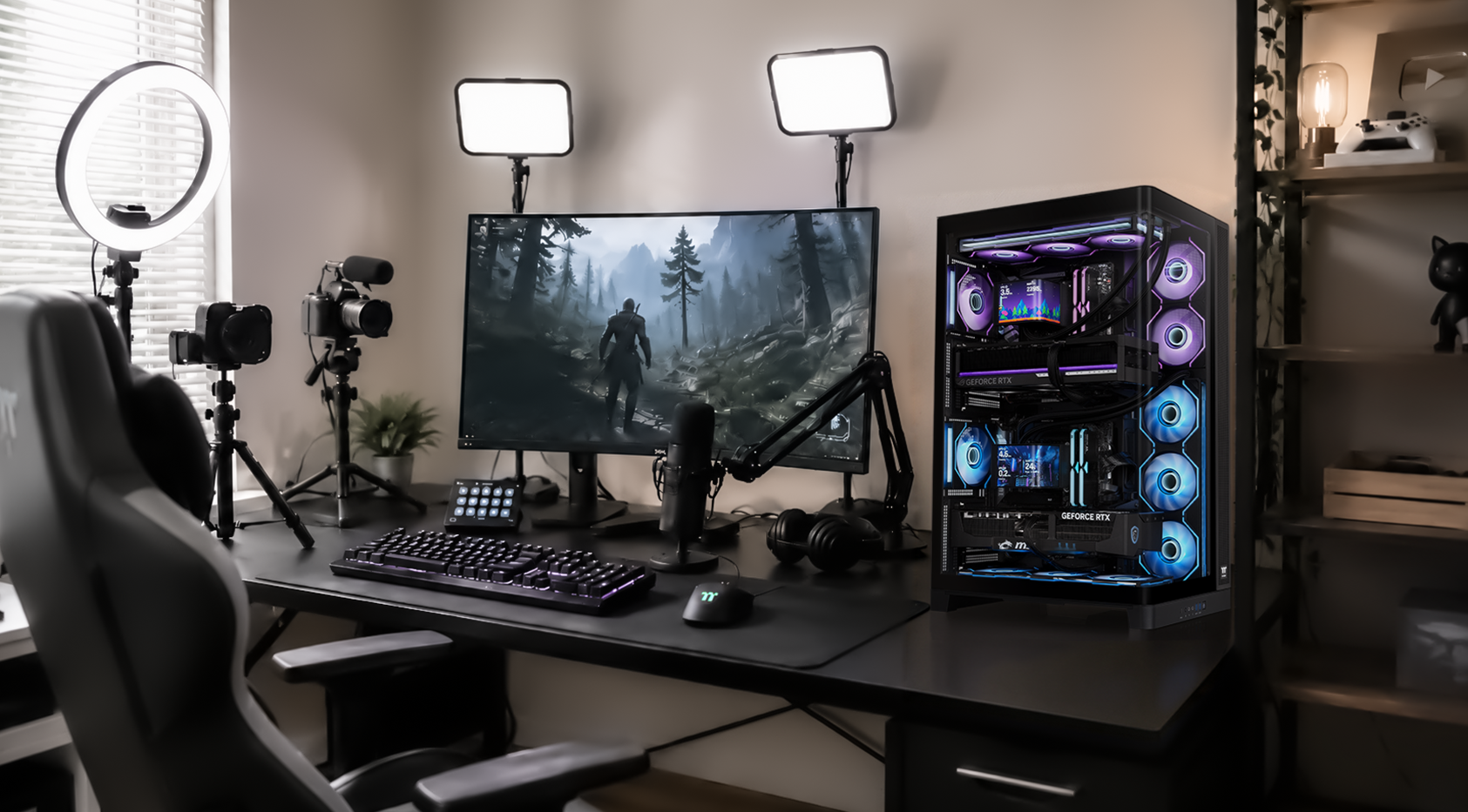 Thermaltake CAPO X in a streaming setup with cameras and lights