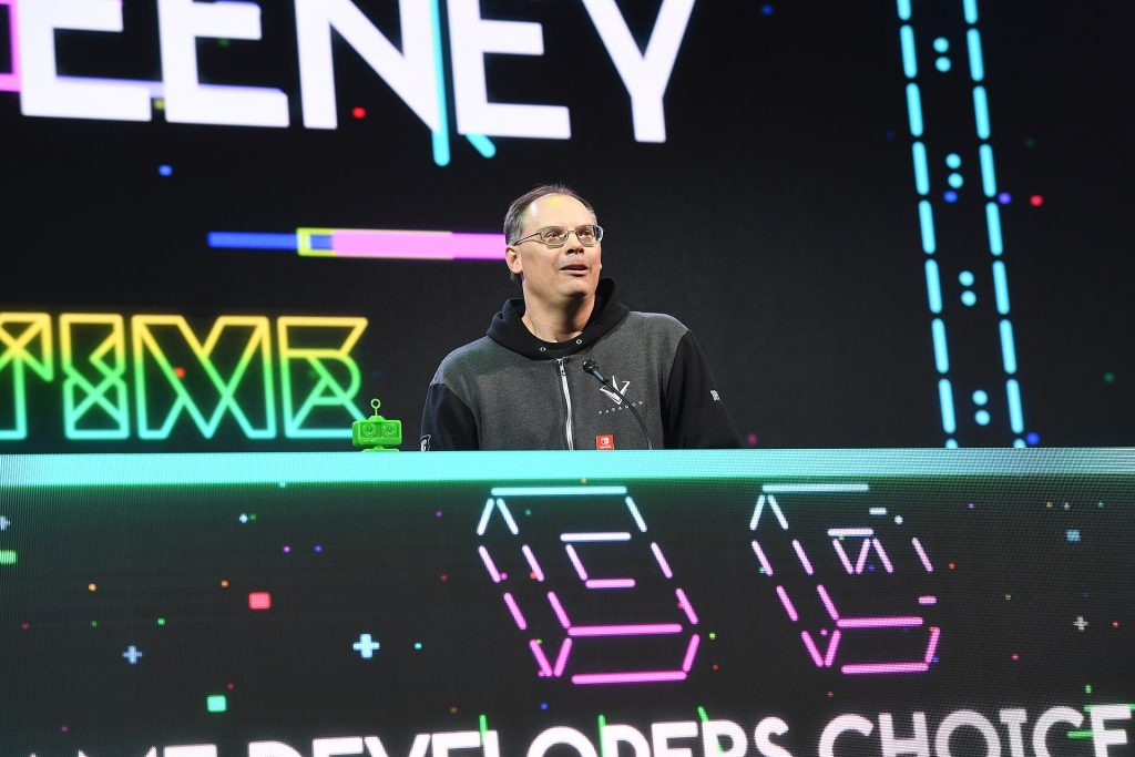 Tim Sweeney on stage at the 2017 Game Developers Choice Awards
