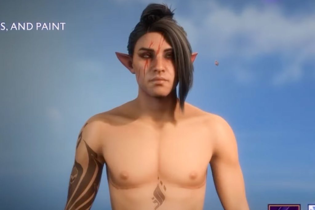 A Dragon Age: The Veilguard character with top surgery scars, made in the character creator