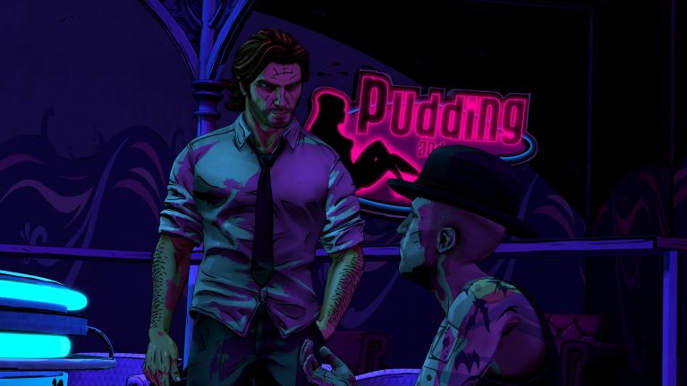 Bigby questions a suspect outside the Pudding & Pie club in The Wolf Among Us Remastered
